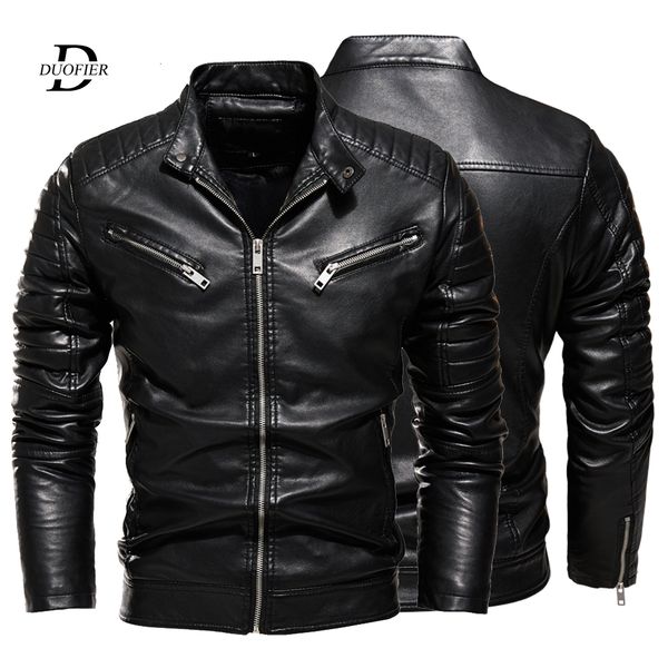 

winter black leather jacket men fur lined warm motorcycle jacket slim street fashion black biker coat pleated design zipper 201201, Black;brown