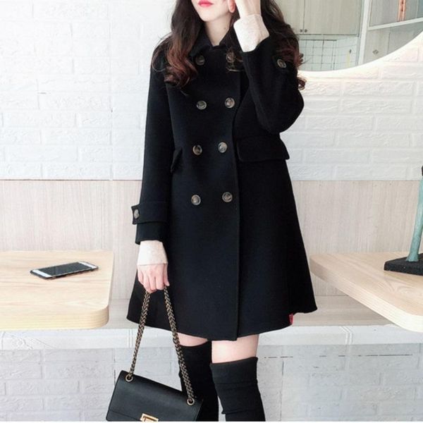

women's new mid long high-end doll collar small double faced woolen coat in 2021, Black