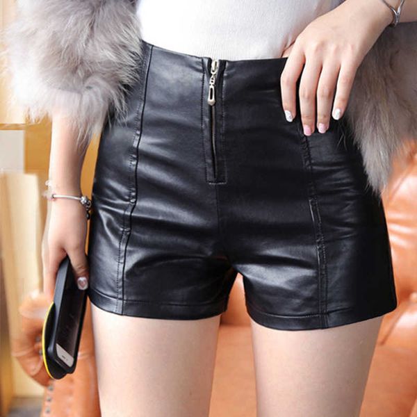 

2020 new autumn winter women's leather black high waist korean style plus size pu female shorts for women zipper, White;black