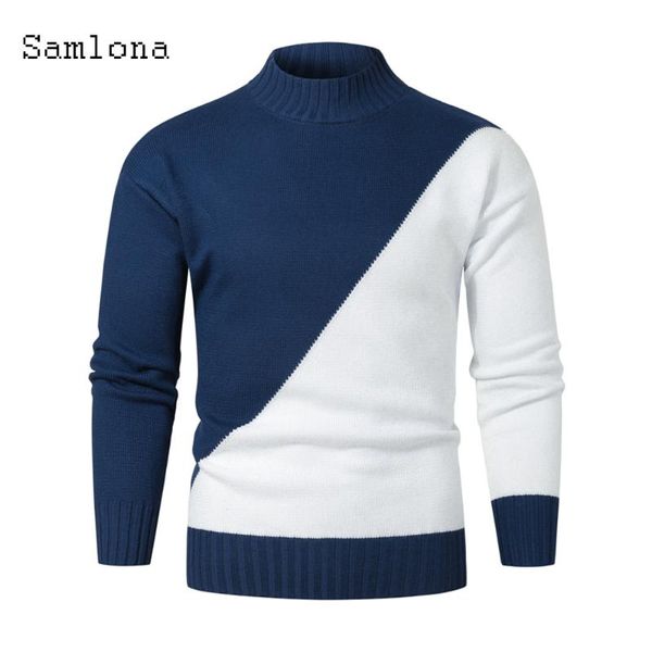 

samlona 2020 knitting sweater mens autumn new minimalist sweaters patchwork color casual pullovers male winter warm clothes, White;black