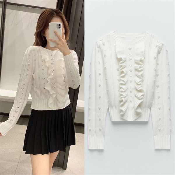 

fall za women sweater clothing white pullover knitted cropped sweater long sleeve ruffle autumn clothes women's sweater 201221, White;black