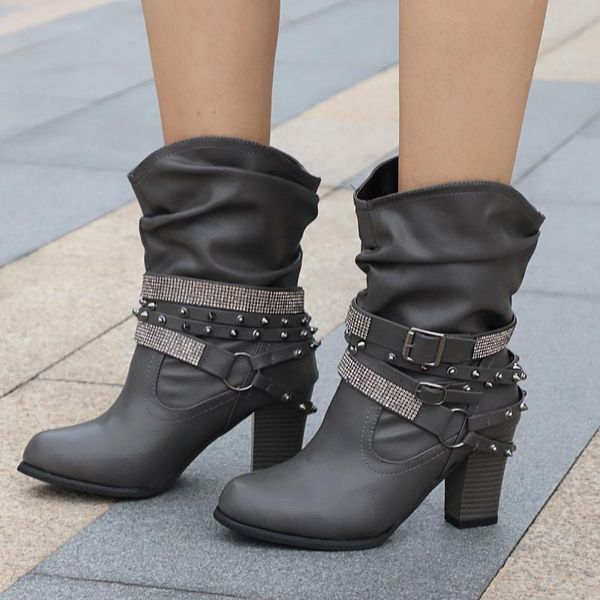 

koovan women's boots 2020 new large size 43 ankle boots high heel rhinestone belt buckle girls shoes sleeve women leather, Black