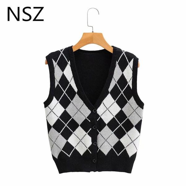 

women argyle style sweater vest fall fashion crop sleeveless knitted jumper tank waistcoat kg-164, Black;white