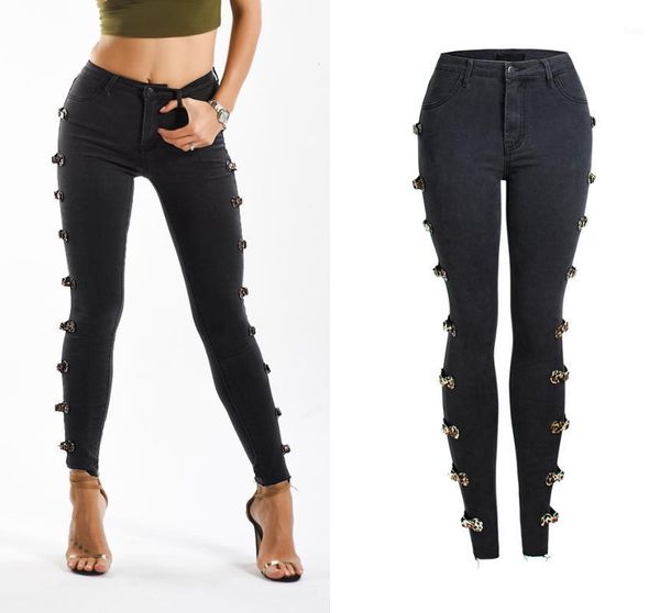 

womens washed slim fit stretchy pencil pants large size trendy sides buckles denim pants female fashion mid waist jeans d4821, Blue