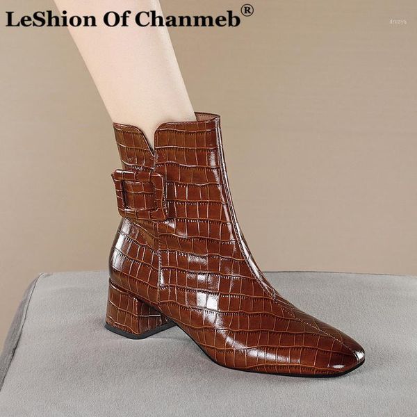 

short boots women shoes real leather thick heel ankle boots square toe block heels zip lady buckled autumn winter brown 421, Black
