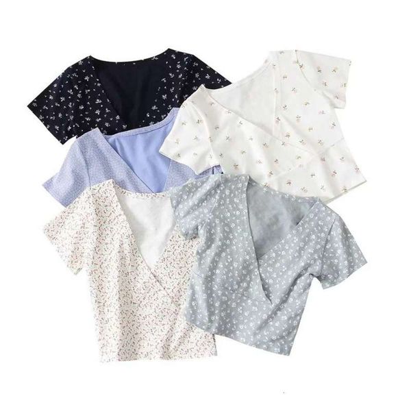 

new bm women's style 2020 summer floral v-neck cross short sleeve t-shirt, Black;gray