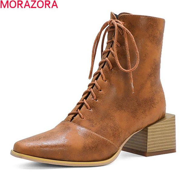 

morazora 2020 big size 34-48 fashion women boots square heels lace up casual ladies shoes autumn winter ankle boots, Black