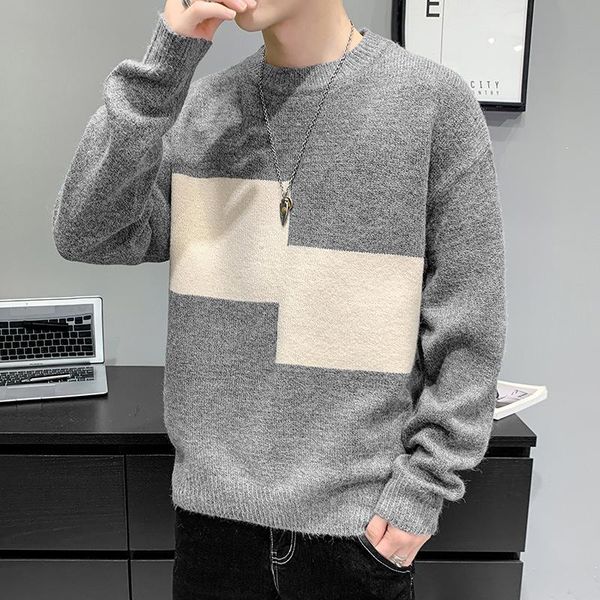 

sweater men's 2020 new autumn and winter korean casual loose round neck pullover long-sleeved knitted color-block sweaters, White;black