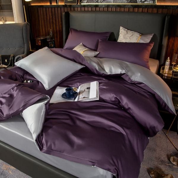 Египетский хлопок фиолетовый серый обратимый подоюзный чехол дышащая мягкая мягкая двуспальная королева king-size кровать простыня комплект постельных принадлежностей на молнии C0223