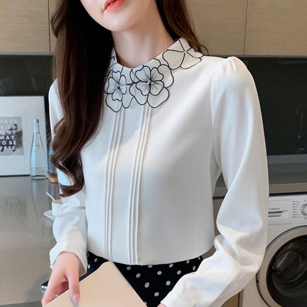 

korean fashion chiffon blouses for women elegant woman embroidered blouses ol floral shirt plus size blusas mujer de moda blouse, White