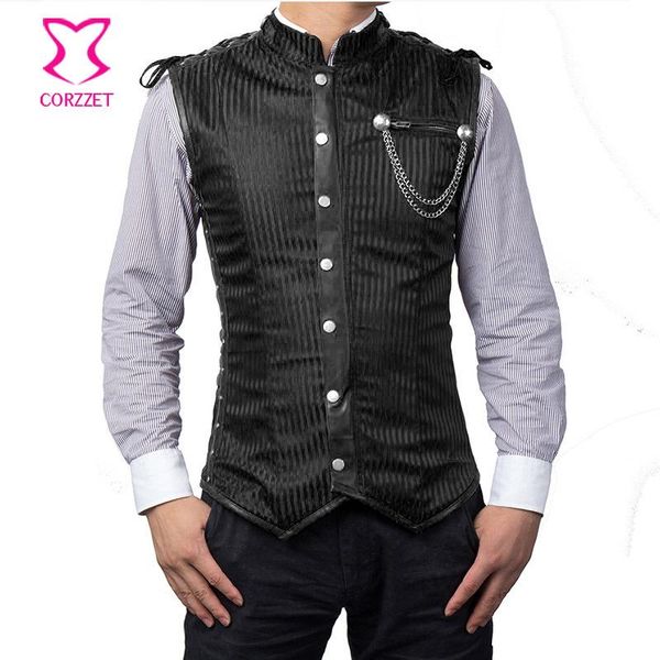 

vintage black striped stand collar steampunk jacket men sleeveless vest corset plus size gothic clothing mens jacket, Black;brown