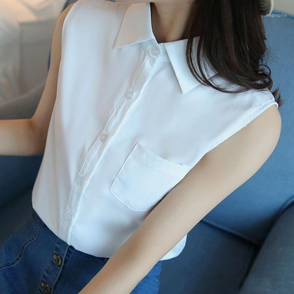 

women sleeveless turn-down chiffon blouse vest summer shirt blusas1, White