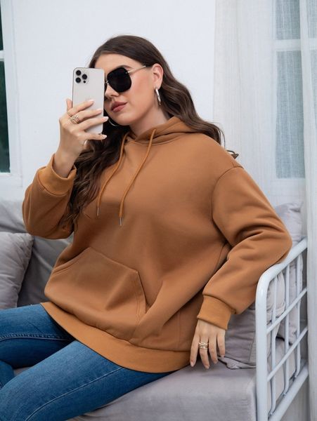

plus drop shoulder drawstring hoodie r9an#, Black