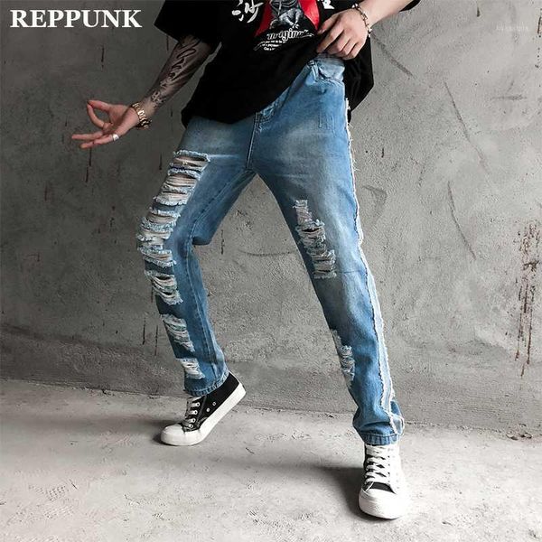 

2020 new casual large size jeans men fashion loose hole quality cotton denim trousers male streetwear personality pants1, Blue