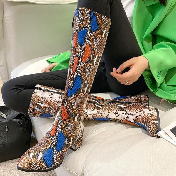 

boots for doropship high-quality multi snake veins square heels elegant ladies large size 43 winter shoes women female, Black