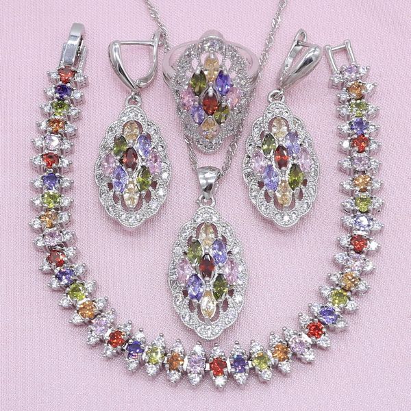 

women silver color jewelry sets exquisite multicolor crystal earrings bracelet pendant necklace ring wedding birthday gift