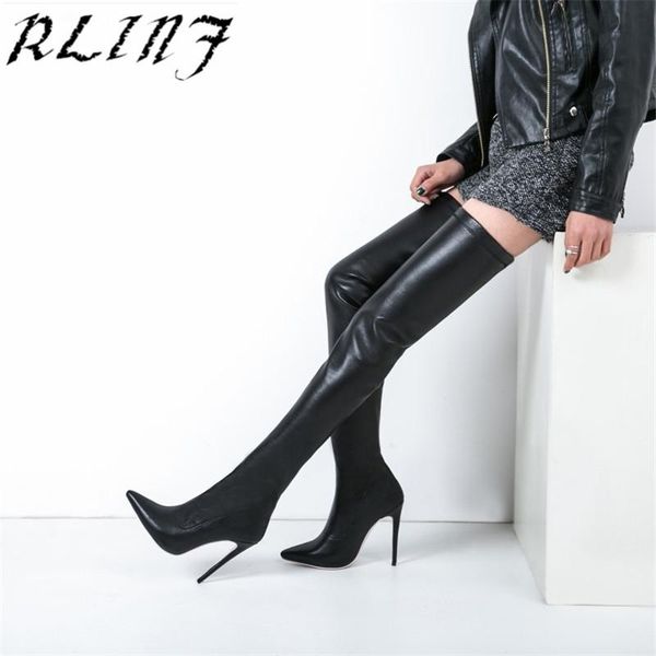 

rlinf plus size 33-45 spring autumn women boots high heel over the knee boots shoes soft pu leather black