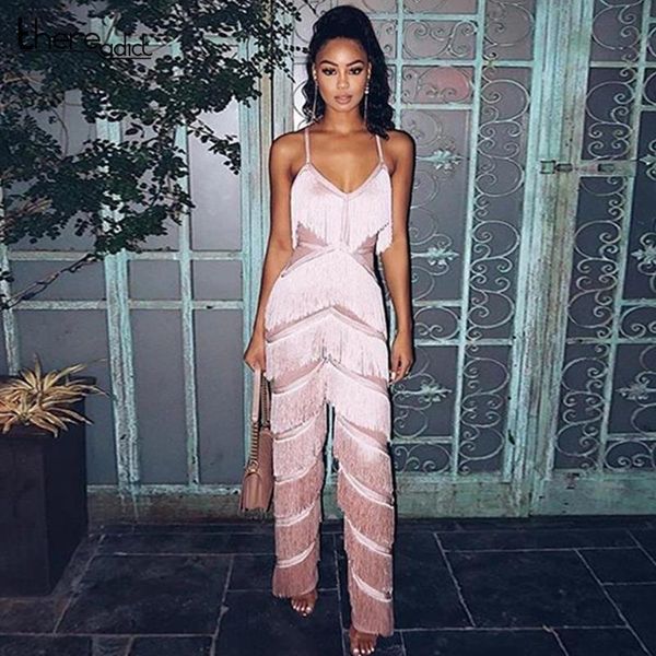 

tassel pink jumpsuit rompers women jumpsuit strappy sleeveless palysuit v neck party jumpsuit female overalls for women, Black;white