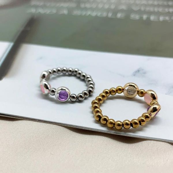 

french vintage gold silver color beads rings for women bague natural stone wedding party rings stretchy wholesale lots bulk, Golden;silver