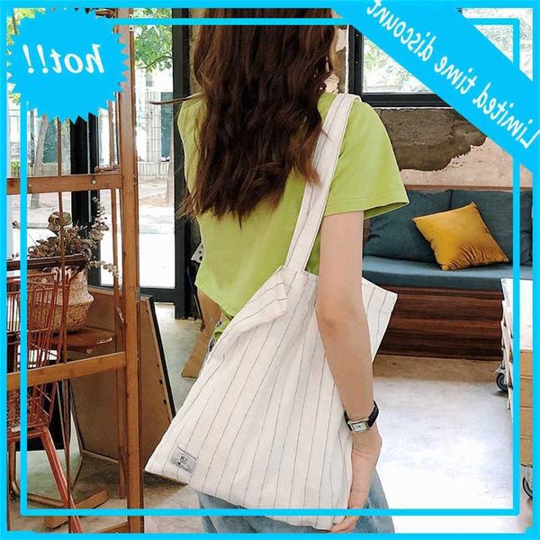 

97261 plaid stripe single shoulder personalized large capacity canvas bag korean literature and art student handbag female