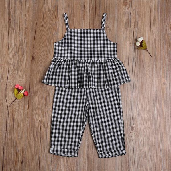 

2pcs summer clothing sets kids toddler girls print plaid ruffle hem square collar sleeveless plaid long pant 2-7y, White