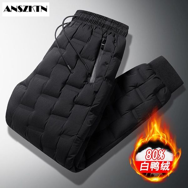 

anszktn new new down pants winter thick warm wind-proof white duck down foot pants over the cold duck padded trousers, Black