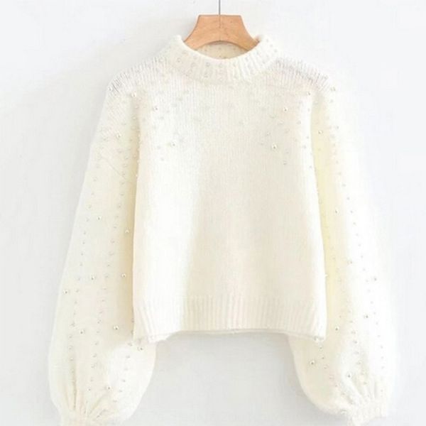 

корейский стиль женщин короткий свободный сплошной цвет pulloverpearl пуловеры пуловеры жемчужный воротник вязаный свитер для осени и зимы 2, White;black