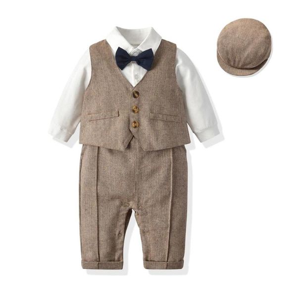 

spring&autumn baby boys formal clothes set cotton romper with hat vest long sleeve jumpsuit suits fashion birthday dress outfit, White