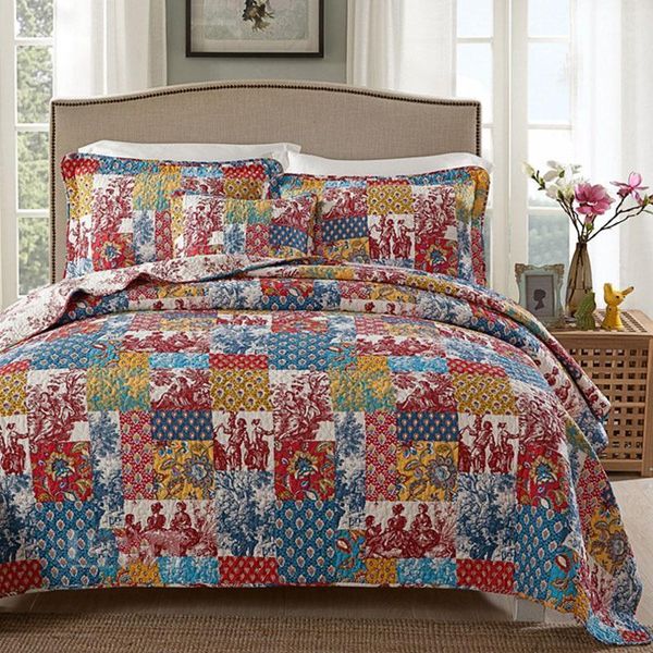 

pastoral style bedspread quilt set 3pcs coverlet quilted cotton quilts aircondition bed cover pillowcase king size blanket1