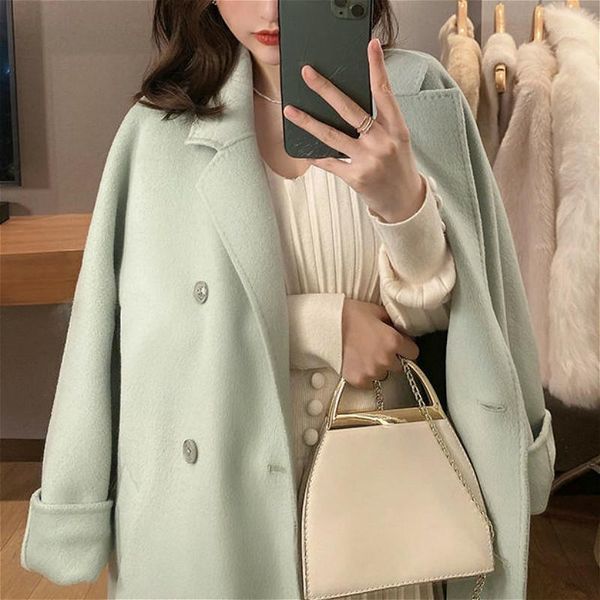 

winter wool long coat women 2020 casual button office lady trench coat female button solid jacket korea clothing loose outerwear1, Black
