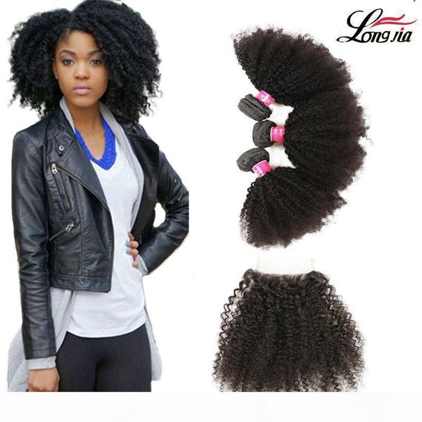 

peruvian arfo kinky hair weave bundles with closure part 100% human hair 3 bundles with lace closure afro kinky curly human hair, Black