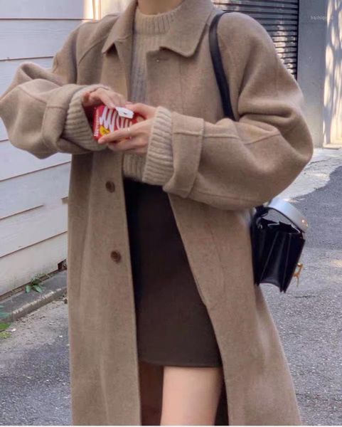 

spot han guodong door new vege * able temperament of qiu dong wool trench coat female oatmeal color cloth1, Black