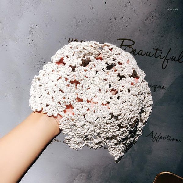 

beanie/skull caps elegant hand crochet cotton beret early autumn flowers crocheted baotou painter cap western style ladies decorative cap1, Blue;gray