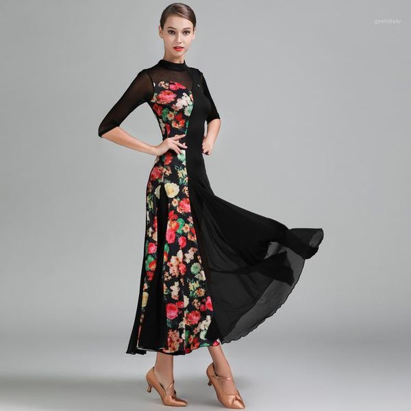 

stage wear ballroom dance competition dresses ice silk print stitching dress modern waltz flamenco dancing clothes women dancewear dnv101821, Black;red