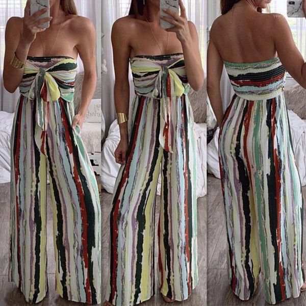 

women's jumpsuits & rompers fashion women summer strapless jumpsuit backless vintage bandage romper striped party wide leg long pants1, Black;white