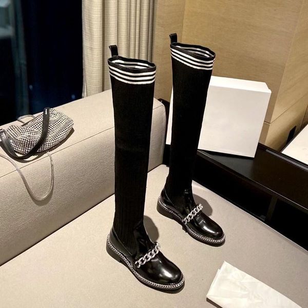 

metal chain woman long sock boots solid color zapatos de mujer genuine leather luxury designer 2020 new mid heel ladies shoes, Black