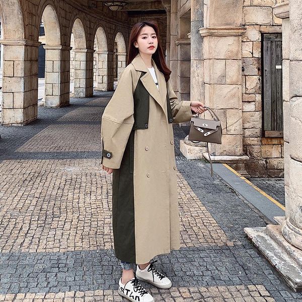 

2019 spring and autumn new windbreaker long style loose over the knee korean student patchwork trench coat1, Tan;black