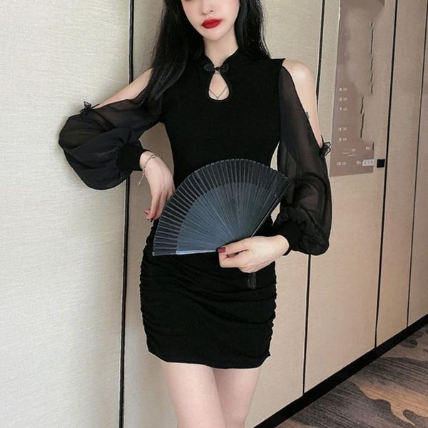 

retro women bodycon cheongsam mini dress ladies slim evening dresses female pink chiffon lantern long sleeve stripper dress, Black;gray