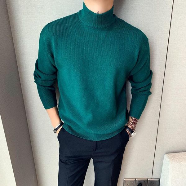 

men's casual loose mid-collar thick-line long sleeve wool sweater coats solid color turtleneck homme pullover cashmere knitting1, White;black