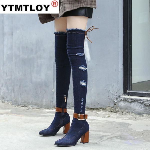 

зима женщины boots гладиатор упругие denim группа высокие каблуки бедра высокие платформы круглый toe zipper женская обувь размер 35-40, Black