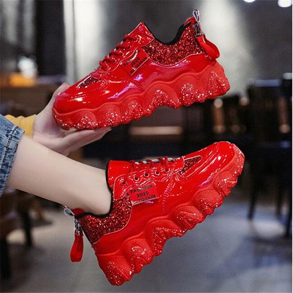 

2021 new women chunky fashion sequins leather designer ladies black red sports shoes 7ats, Black;white