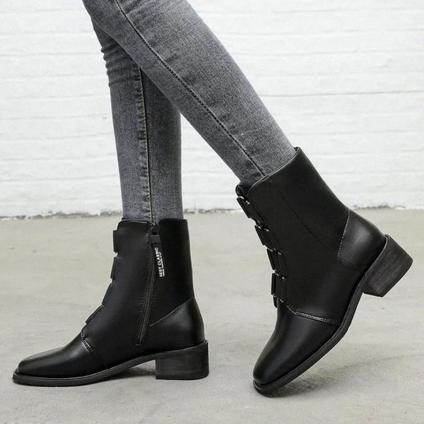 

wood square heels ankle boots women shoes zip wood heel shoes woman winter warm women's boots big size 42 #r40n, Black