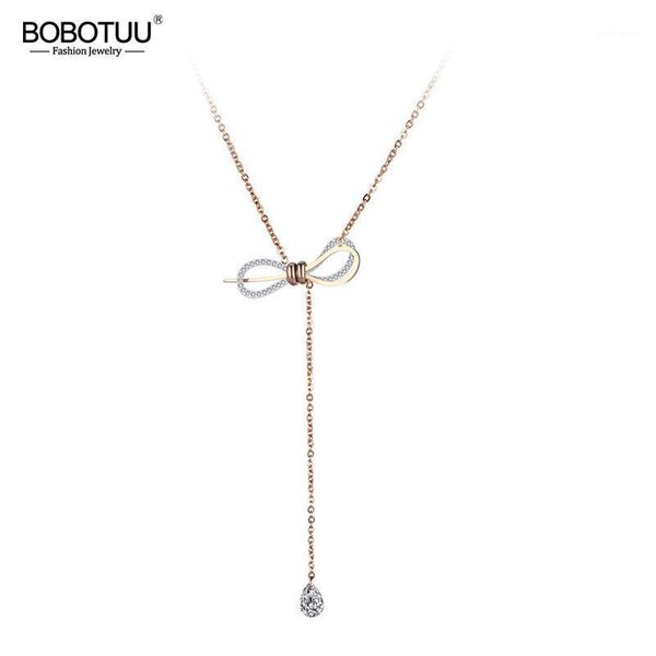 

pendant necklaces bobotuu trendy cz crystal three-dimensional bowknot necklace stainless steel wedding neckalce jewelry for women gifts bn19, Silver