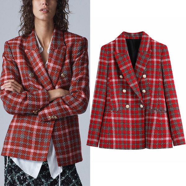 

2021 new red pliad tweed blazer women fall vintage double breasted blazers woman long sleeve office ladies elegant coats bfv1, White;black