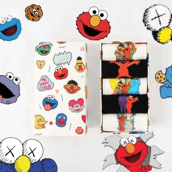 

2019 new sesame street cartoon boat and animation female boat sports casual socks fashion brand box socks 5dzfz, Black