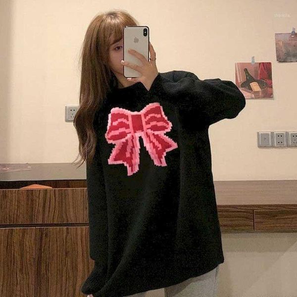 

autumn and winter new long-sleeved round neck pullover sweater women's loose bow knot love jacquard sweater girlfriend college s1, White;black