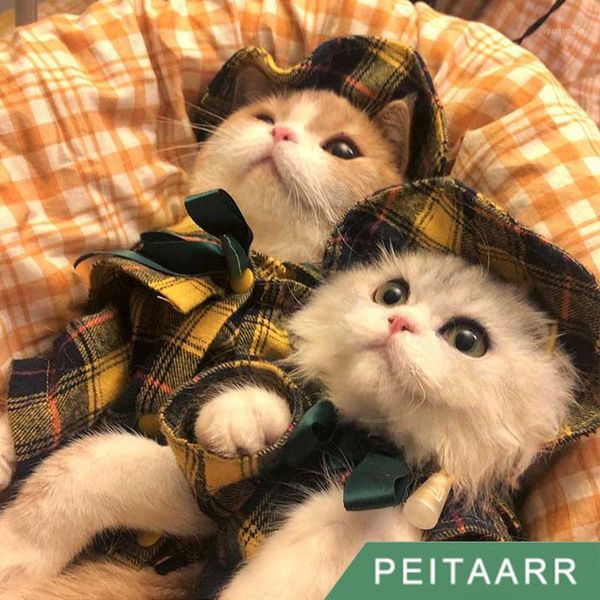 

dog apparel [peitaarr] pet clothing england plaid shirt ruffle collar spring fall winter detective cloak hat attached puppy small dogs cats1
