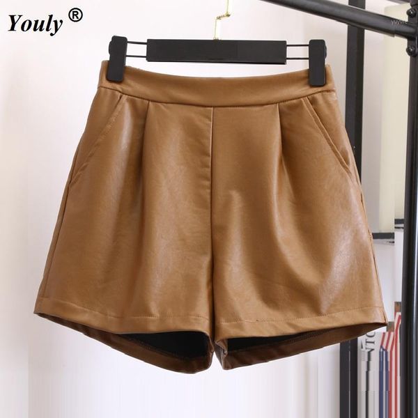 

2019 winter plus size shorts women elastic waist pu leather shorts female celebrity loose vintage femme casual1, White;black