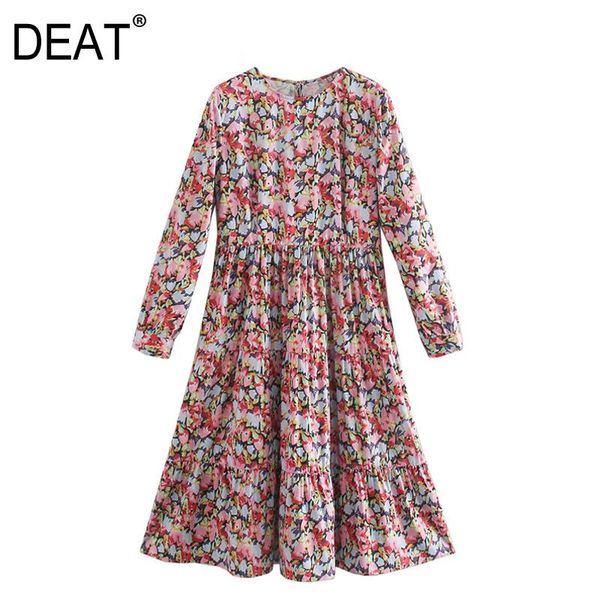 

casual dresses [deat] 2021 spring fashion tide women round neck high waist knee-length long sleeve printing a-line loose dress 13a824, Black;gray