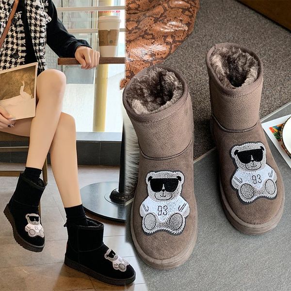 

womens snow boots korean add pile to keep warm inside artificial plush ladies winter boots soft rubber non-slip sole, Black